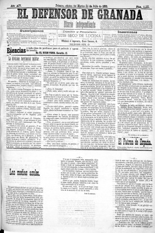 'El Defensor de Granada  : diario político independiente' - Año XIV Número 6260 1ª ed. - 1893 Julio 25