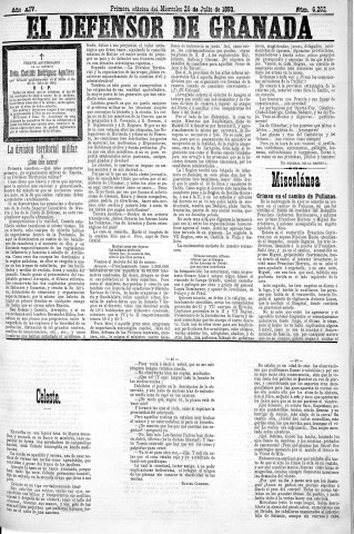 'El Defensor de Granada  : diario político independiente' - Año XIV Número 6261 1ª ed. - 1893 Julio 26