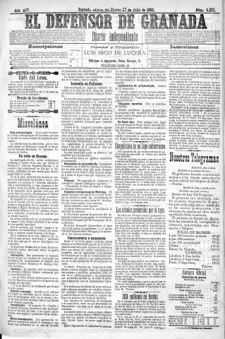 'El Defensor de Granada  : diario político independiente' - Año XIV Número 6264 2ª ed. - 1893 Julio 27