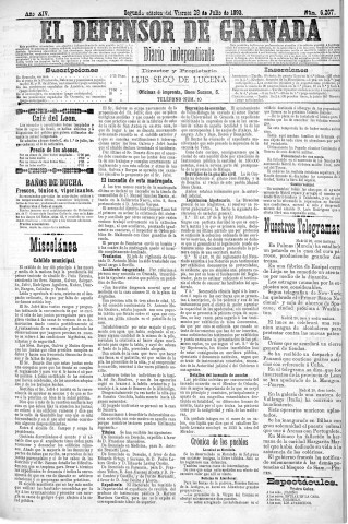 'El Defensor de Granada  : diario político independiente' - Año XIV Número 6266 2ª ed. - 1893 Julio 28