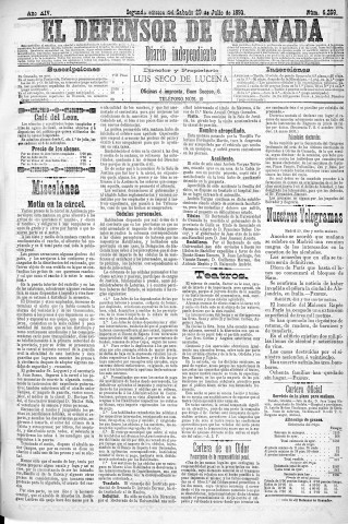 'El Defensor de Granada  : diario político independiente' - Año XIV Número 6268 2ª ed. - 1893 Julio 29