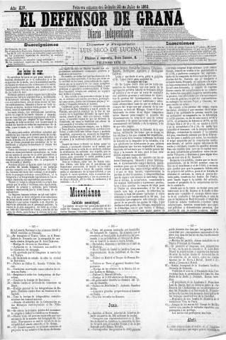 'El Defensor de Granada  : diario político independiente' - Año XIV Número 6221 1ª ed. - 1893 Julio 30