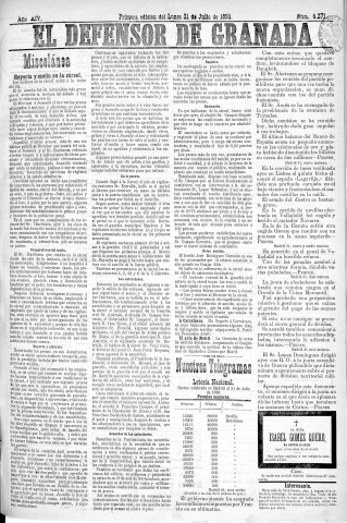 'El Defensor de Granada  : diario político independiente' - Año XIV Número 6271 1ª ed. - 1893 Julio 31
