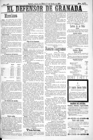 'El Defensor de Granada  : diario político independiente' - Año XIV Número 6273 2ª ed. - 1893 Agosto 01