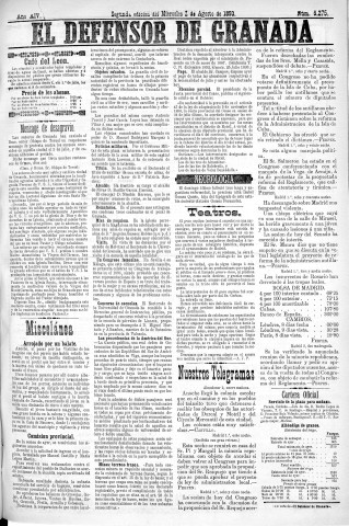 'El Defensor de Granada  : diario político independiente' - Año XIV Número 6275 2ª ed. - 1893 Agosto 02