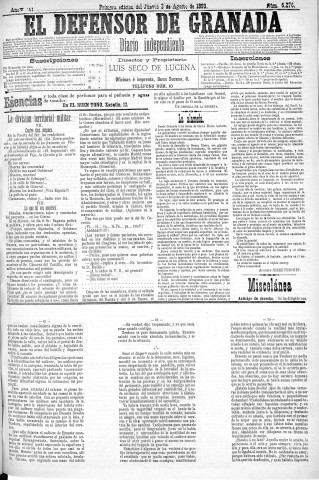 'El Defensor de Granada  : diario político independiente' - Año XIV Número 6276 1ª ed. - 1893 Agosto 03