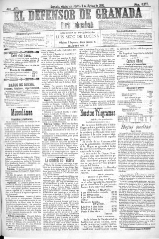 'El Defensor de Granada  : diario político independiente' - Año XIV Número 6277 2ª ed. - 1893 Agosto 03