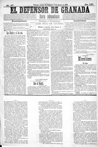 'El Defensor de Granada  : diario político independiente' - Año XIV Número 6282 1ª ed. - 1893 Agosto 06