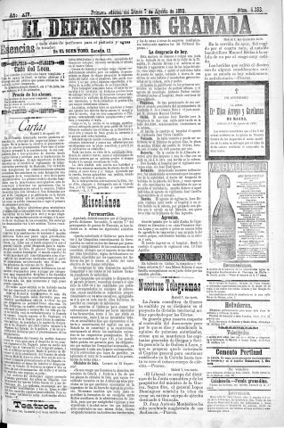 'El Defensor de Granada  : diario político independiente' - Año XIV Número 6283 1ª ed. - 1893 Agosto 07