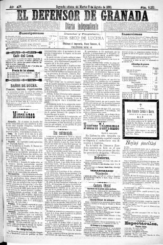 'El Defensor de Granada  : diario político independiente' - Año XIV Número 6285 2ª ed. - 1893 Agosto 08