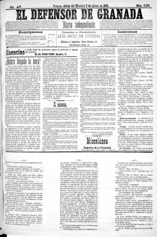 'El Defensor de Granada  : diario político independiente' - Año XIV Número 6286 1ª ed. - 1893 Agosto 09