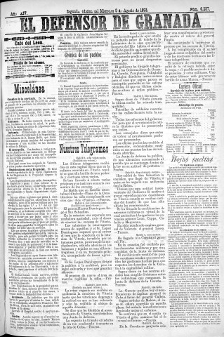 'El Defensor de Granada  : diario político independiente' - Año XIV Número 6287 2ª ed. - 1893 Agosto 09