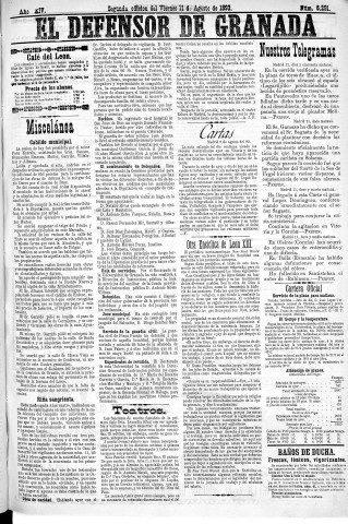 'El Defensor de Granada  : diario político independiente' - Año XIV Número 6291 2ª ed. - 1893 Agosto 11