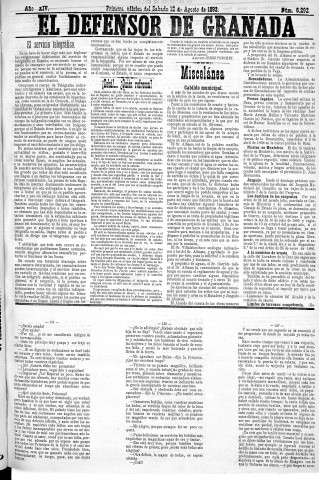 'El Defensor de Granada  : diario político independiente' - Año XIV Número 6292 1ª ed. - 1893 Agosto 12