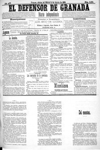 'El Defensor de Granada  : diario político independiente' - Año XIV Número 6294 1ª ed. - 1893 Agosto 15