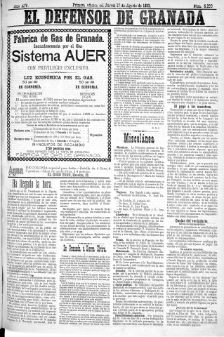 'El Defensor de Granada  : diario político independiente' - Año XIV Número 6296 1ª ed. - 1893 Agosto 17