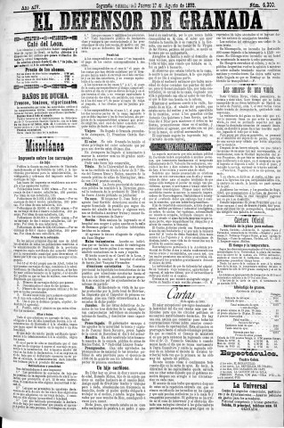 'El Defensor de Granada  : diario político independiente' - Año XIV Número 6297 2ª ed. - 1893 Agosto 17