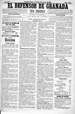 'El Defensor de Granada  : diario político independiente' - Año XIV Número 6299 2ª ed. - 1893 Agosto 18