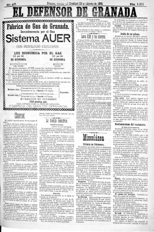 'El Defensor de Granada  : diario político independiente' - Año XIV Número 6305 1ª ed. - 1893 Agosto 20