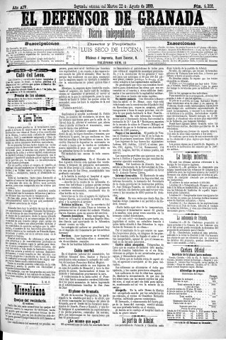 'El Defensor de Granada  : diario político independiente' - Año XIV Número 6308 2ª ed. - 1893 Agosto 22
