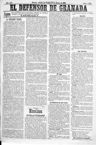 'El Defensor de Granada  : diario político independiente' - Año XIV Número 6313 1ª ed. - 1893 Agosto 25