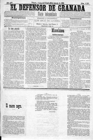 'El Defensor de Granada  : diario político independiente' - Año XIV Número 6315 1ª ed. - 1893 Agosto 26