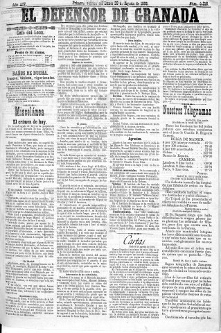 'El Defensor de Granada  : diario político independiente' - Año XIV Número 6318 1ª ed. - 1893 Agosto 28