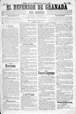 'El Defensor de Granada  : diario político independiente' - Año XIV Número 6322 2ª ed. - 1893 Agosto 30