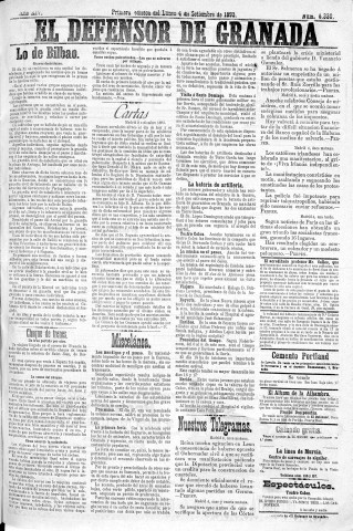 'El Defensor de Granada  : diario político independiente' - Año XIV Número 6330 1ª ed. - 1893 Septiembre 04