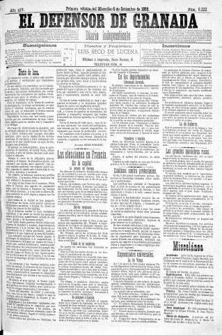 'El Defensor de Granada  : diario político independiente' - Año XIV Número 6333 1ª ed. - 1893 Septiembre 06