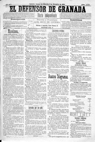 'El Defensor de Granada  : diario político independiente' - Año XIV Número 6334 2ª ed. - 1893 Septiembre 06