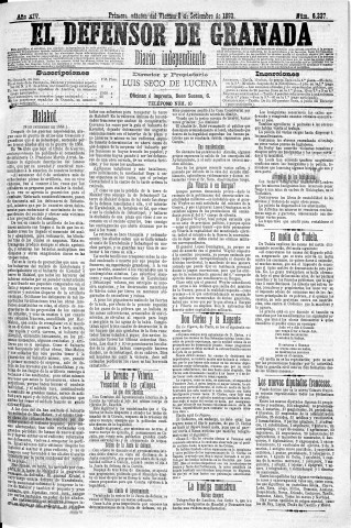 'El Defensor de Granada  : diario político independiente' - Año XIV Número 6337 1ª ed. - 1893 Septiembre 08