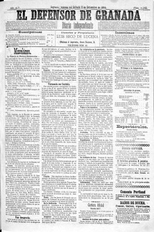 'El Defensor de Granada  : diario político independiente' - Año XIV Número 6339 2ª ed. - 1893 Septiembre 09