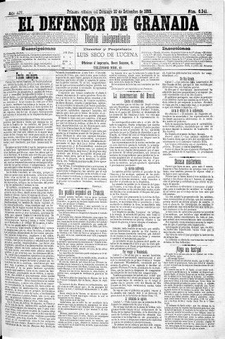 'El Defensor de Granada  : diario político independiente' - Año XIV Número 6341 1ª ed. - 1893 Septiembre 10