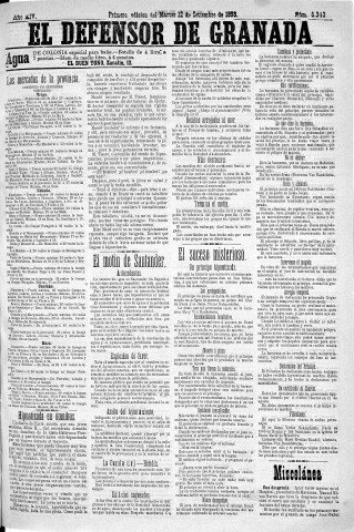 'El Defensor de Granada  : diario político independiente' - Año XIV Número 6343 1ª ed. - 1893 Septiembre 12