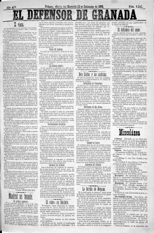 'El Defensor de Granada  : diario político independiente' - Año XIV Número 6345 1ª ed. - 1893 Septiembre 13