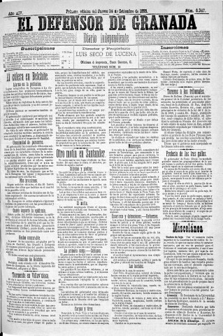 'El Defensor de Granada  : diario político independiente' - Año XIV Número 6347 1ª ed. - 1893 Septiembre 14