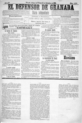 'El Defensor de Granada  : diario político independiente' - Año XIV Número 6349 1ª ed. - 1893 Septiembre 15