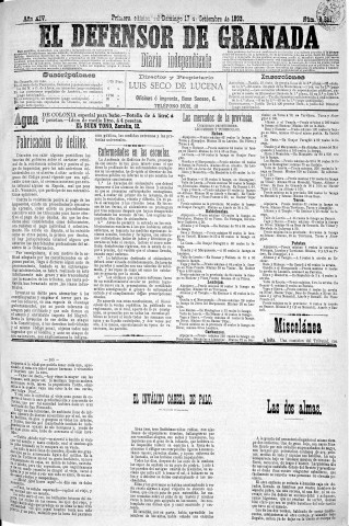 'El Defensor de Granada  : diario político independiente' - Año XIV Número 6352 1ª ed. - 1893 Septiembre 17