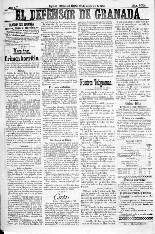 'El Defensor de Granada  : diario político independiente' - Año XIV Número 6354 2ª ed. - 1893 Septiembre 19