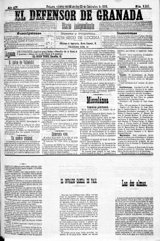 'El Defensor de Granada  : diario político independiente' - Año XIV Número 6355 1ª ed. - 1893 Septiembre 20