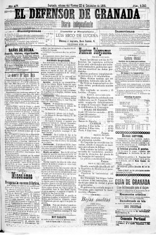 'El Defensor de Granada  : diario político independiente' - Año XIV Número 6360 2ª ed. - 1893 Septiembre 22