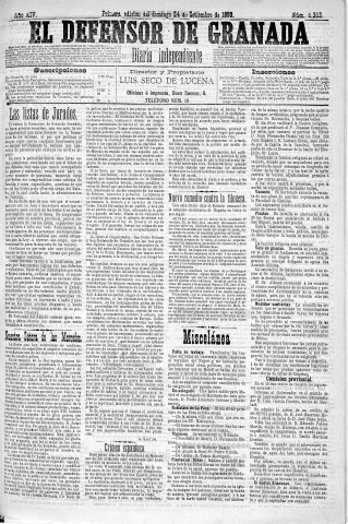 'El Defensor de Granada  : diario político independiente' - Año XIV Número 6363 1ª ed. - 1893 Septiembre 24