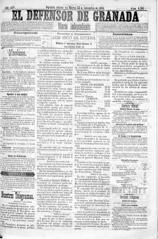 'El Defensor de Granada  : diario político independiente' - Año XIV Número 6366 2ª ed. - 1893 Septiembre 26