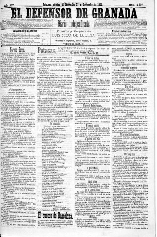 'El Defensor de Granada  : diario político independiente' - Año XIV Número 6367 1ª ed. - 1893 Septiembre 27