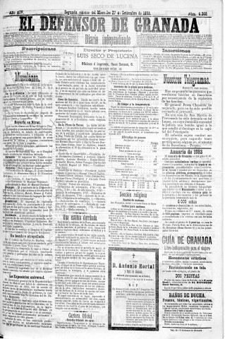 'El Defensor de Granada  : diario político independiente' - Año XIV Número 6368 2ª ed. - 1893 Septiembre 27