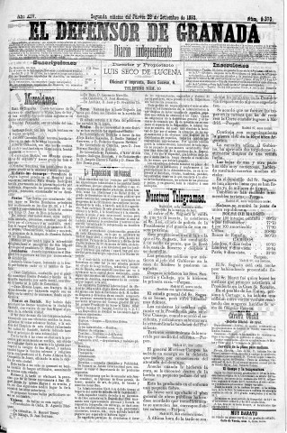 'El Defensor de Granada  : diario político independiente' - Año XIV Número 6370 2ª ed. - 1893 Septiembre 28