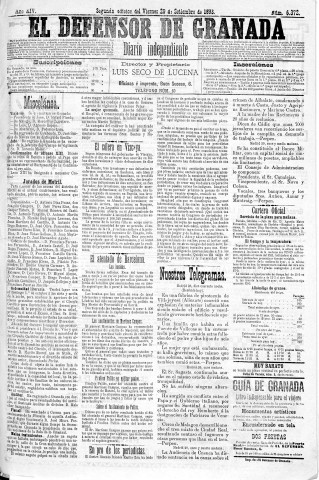 'El Defensor de Granada  : diario político independiente' - Año XIV Número 6372 2ª ed. - 1893 Septiembre 29