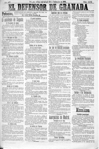 'El Defensor de Granada  : diario político independiente' - Año XIV Número 6373 1ª ed. - 1893 Septiembre 30