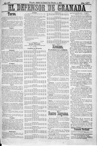 'El Defensor de Granada  : diario político independiente' - Año XIV Número 6377 1ª ed. - 1893 Octubre 02